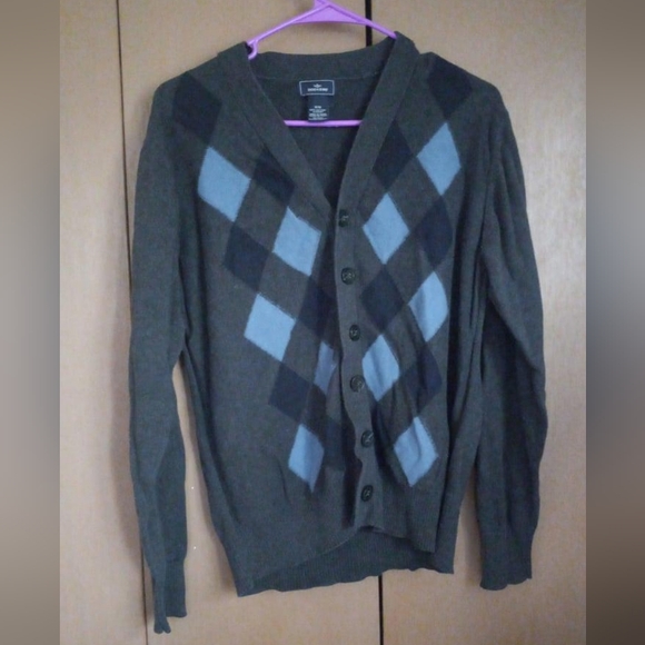 DOCKERS MENS BUTTON UP CARDIGAN. DARK GRAY AND BLUE. MENS SIZE MEDIUM. - Picture 3 of 7